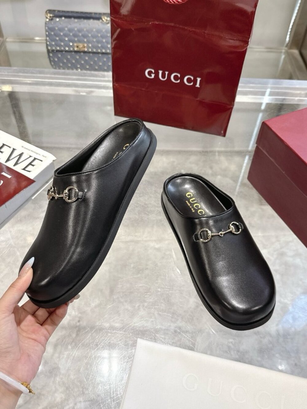 GUCCI Black Leather Horsebit Loafer Mules Slides Slippers - Picture 6 of 8